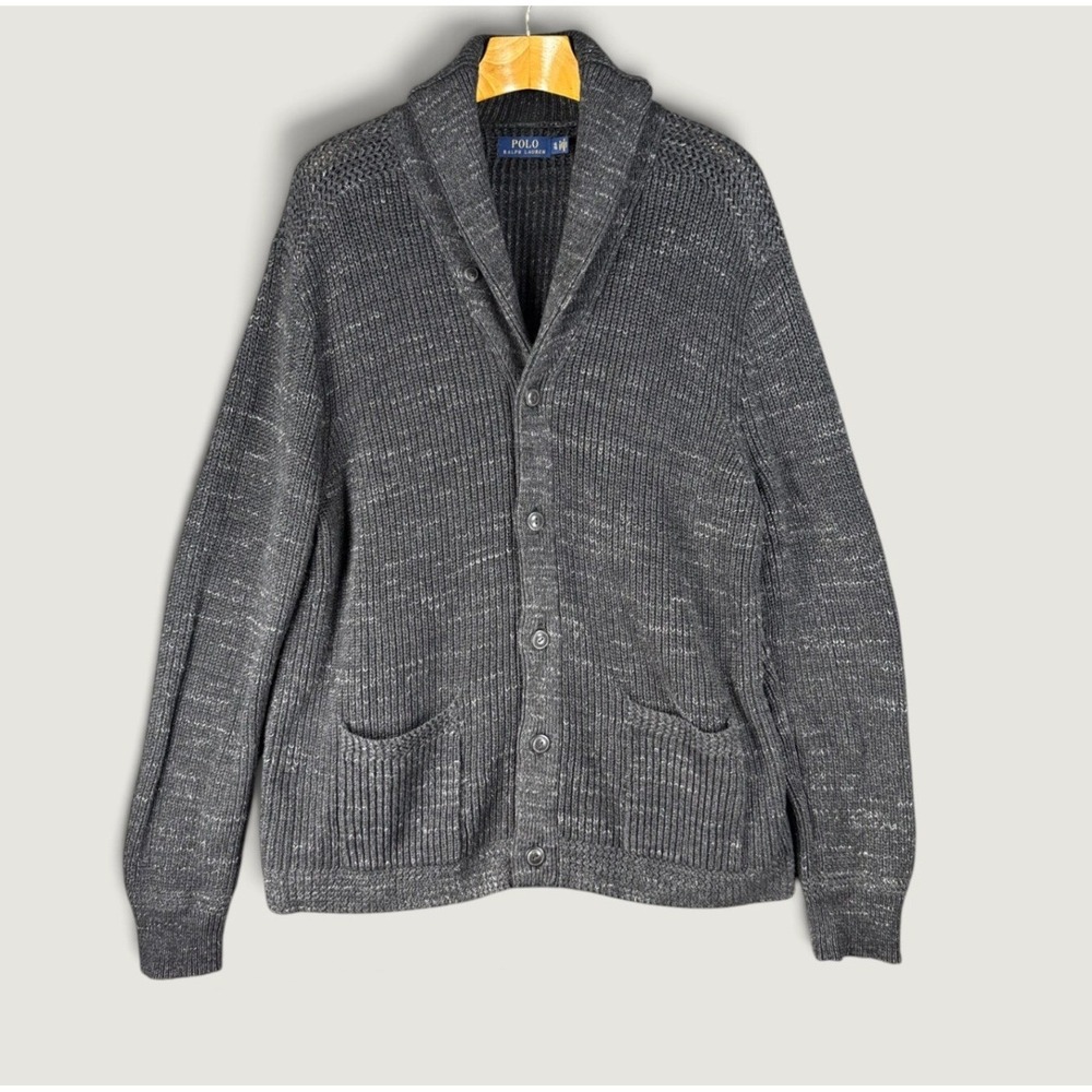 Polo Ralph Lauren Cardigan Mens XL Gray Shawl Collar Ribbed Cotton Old Money EUC